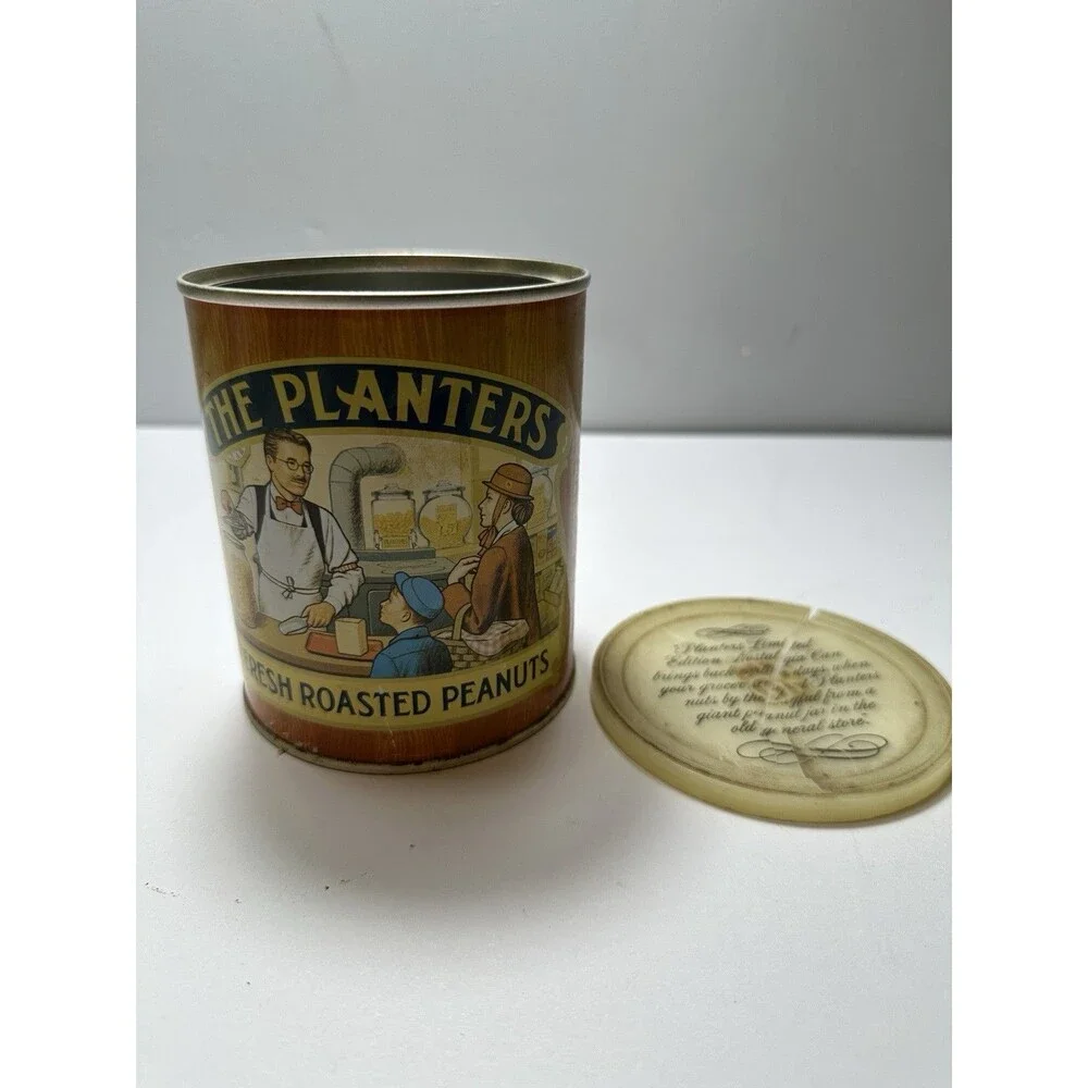 The Planters Fresh Roasted Peanuts Vintage Tin Graphic Wood Grain